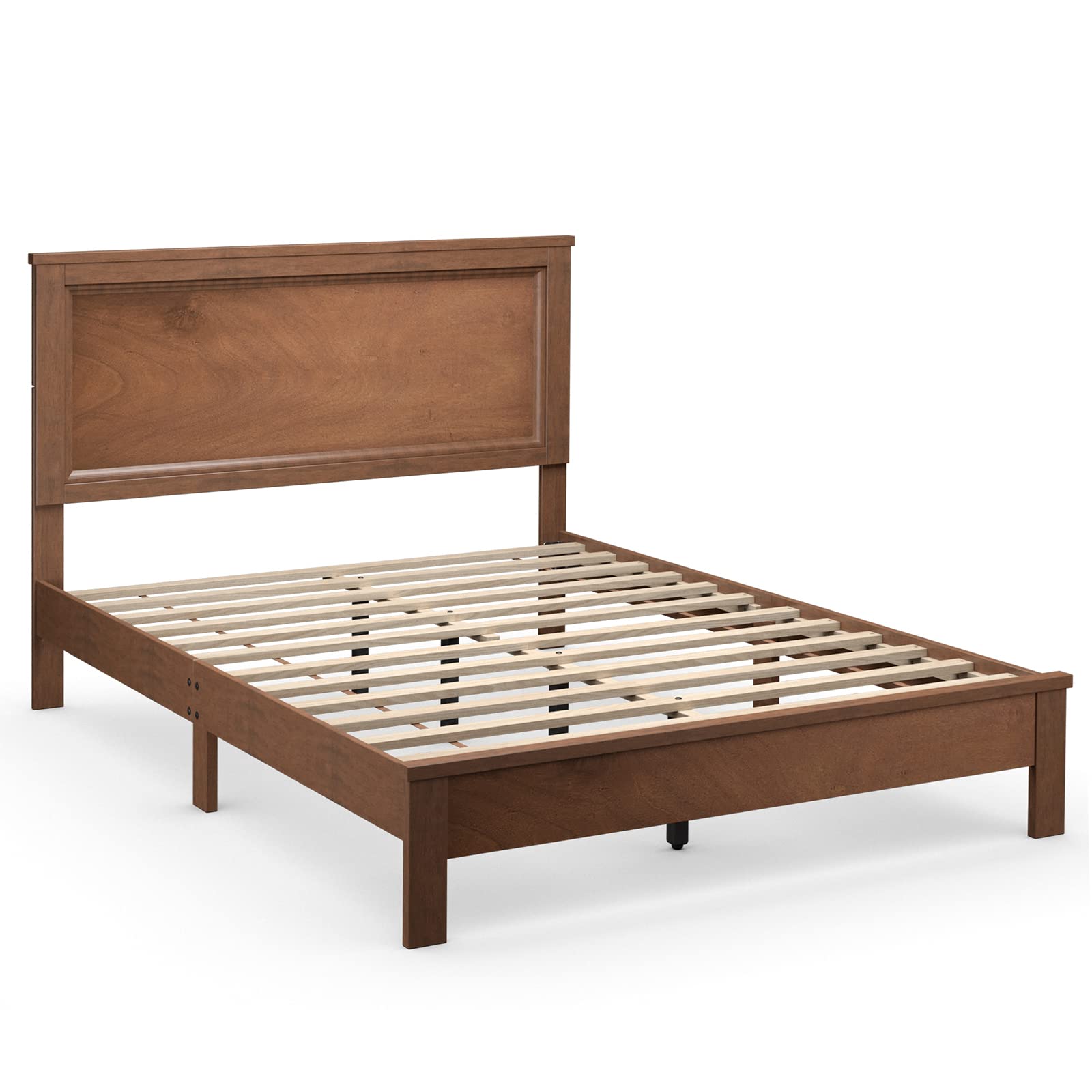 KOMFOTT Mid Century Queen Bed Frame with Headboard – Solid Wood Slats & Easy Assembly - WoodArtSupply