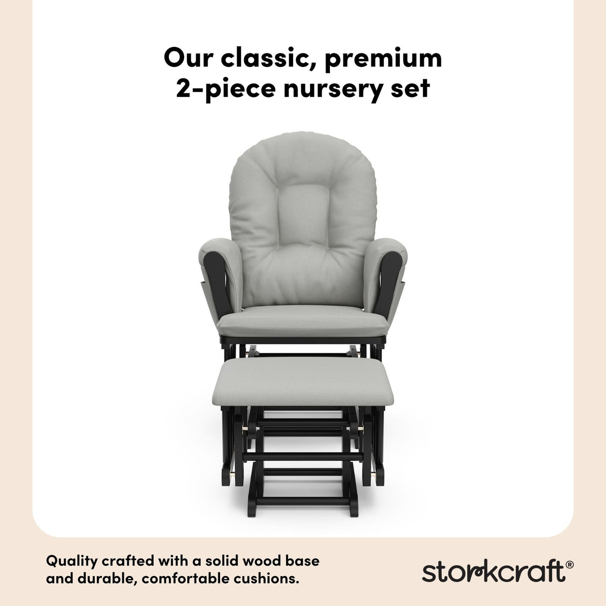 Storkcraft Premium Hoop Glider & Ottoman (Black with Light Gray) — GREENGUARD Gold Certified, Wood Craftsmanship, Convenient Storage Pockets, Smooth-Gliding Chair for Nursery, Multi-Award-Winning Storkcraft