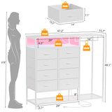 White Dresser for Bedroom with 8 Drawers, Bedroom Dresser with Hanging Rack, Clothes Dresser with Led Lights, Closet Dresser with Charging Station, 47 Inch Dresser with Shelves for Bedroom, Closet Harpaq
