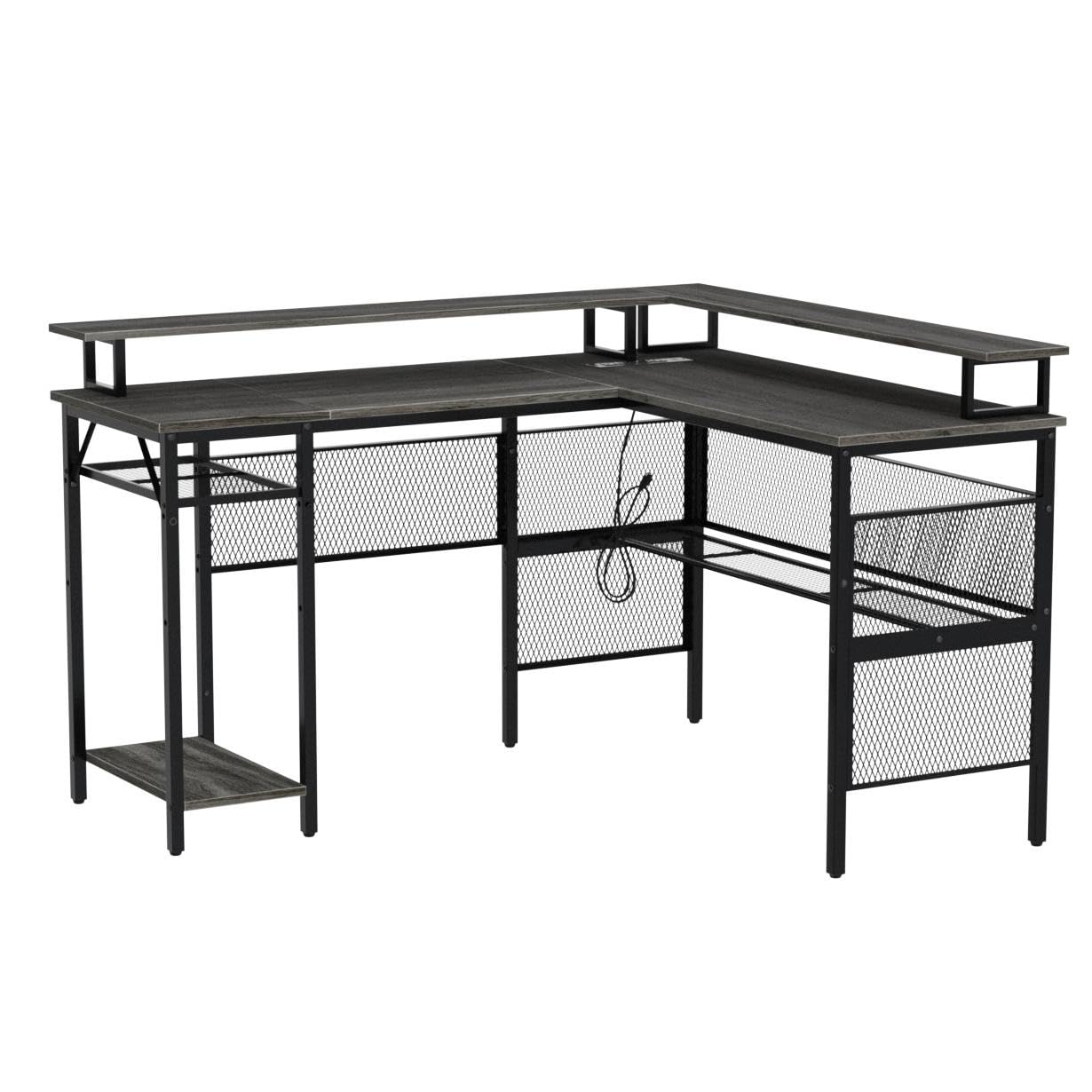 Unikito Reversible L-Shaped Computer Desk with Power Outlets, LED Lights and Storage Solutions in Black Oak - WoodArtSupply