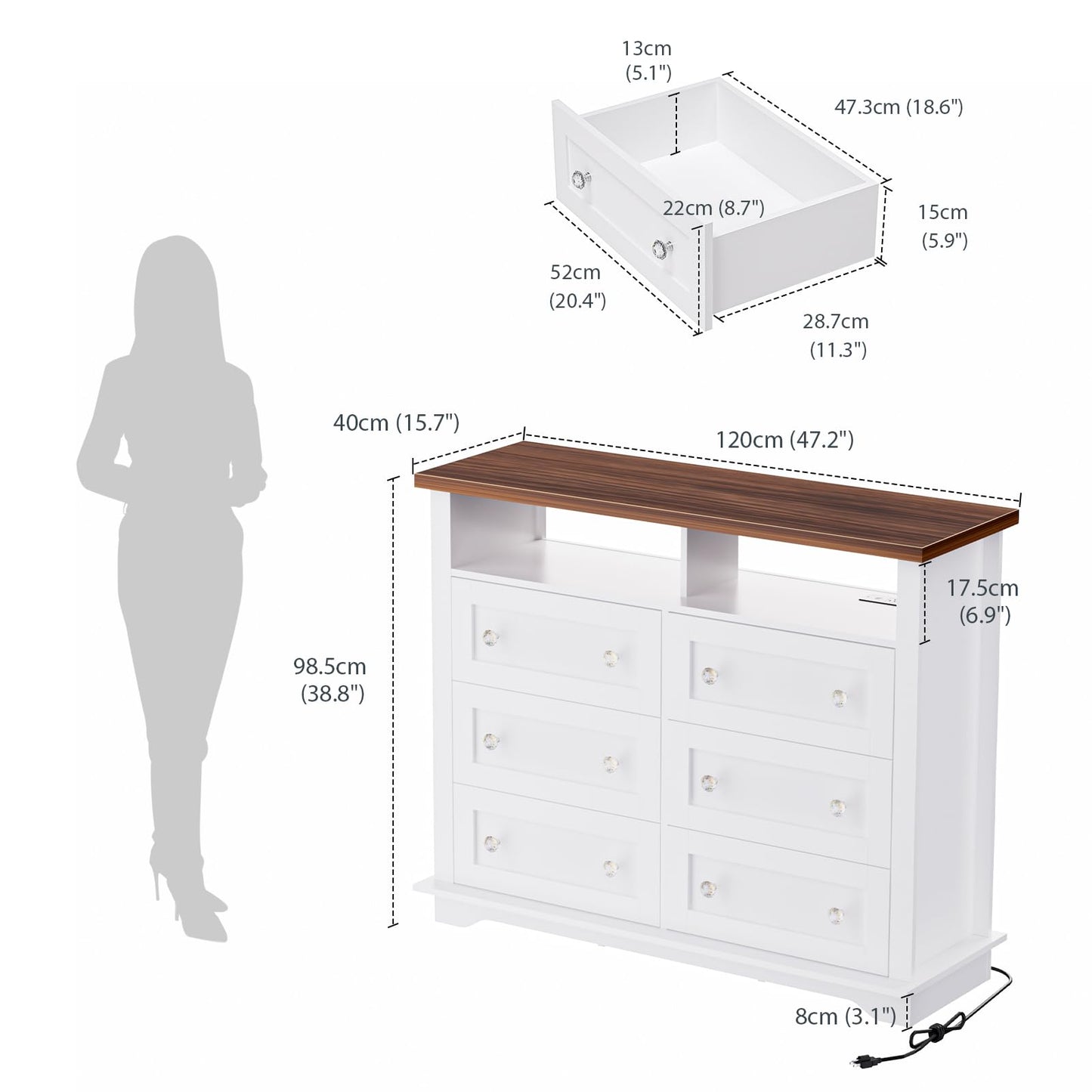 HAIOOU 6 Drawer Dresser for Bedroom White, Chest of Drawers 47 inch Modern Wooden Storage Organizer Tower with 2 Shelves,Power Outlets and LED Lights,Organizer Cabinet for Living Room,Hallway - WoodArtSupply