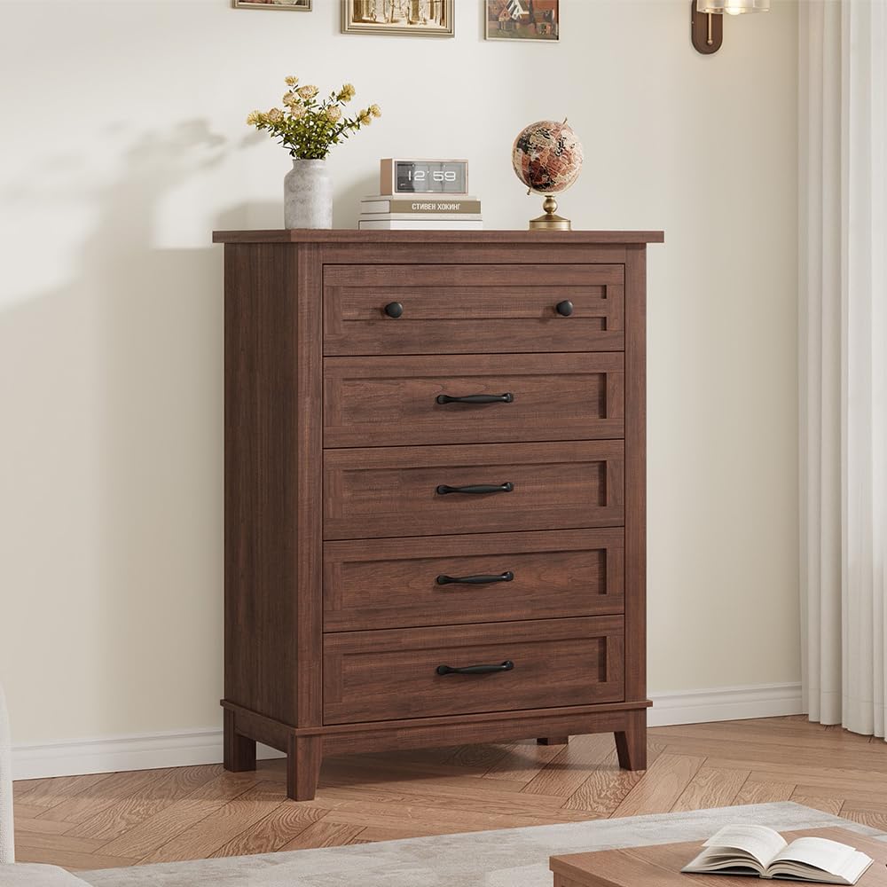 GarveeHome 5 Dresser for Bedroom, 41.3 in Tall Vertical Drawer Dresser with Large Storage, Freestanding Wooden Closet Chest for Bedroom, Living Room, Walnut GarveeHome