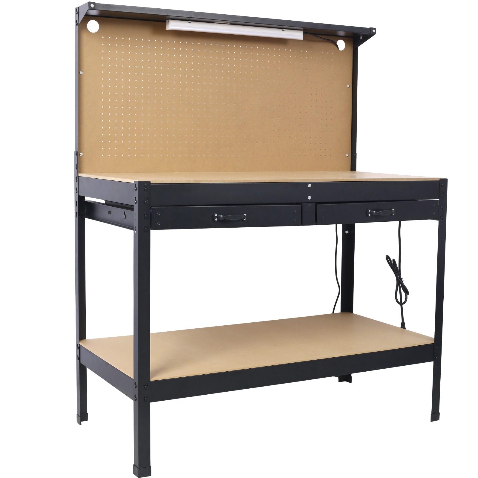 FRITHJILL Heavy-Duty Workbench with Pegboard, Two Drawers, and LED Light, Multipurpose Garage Workstation - WoodArtSupply