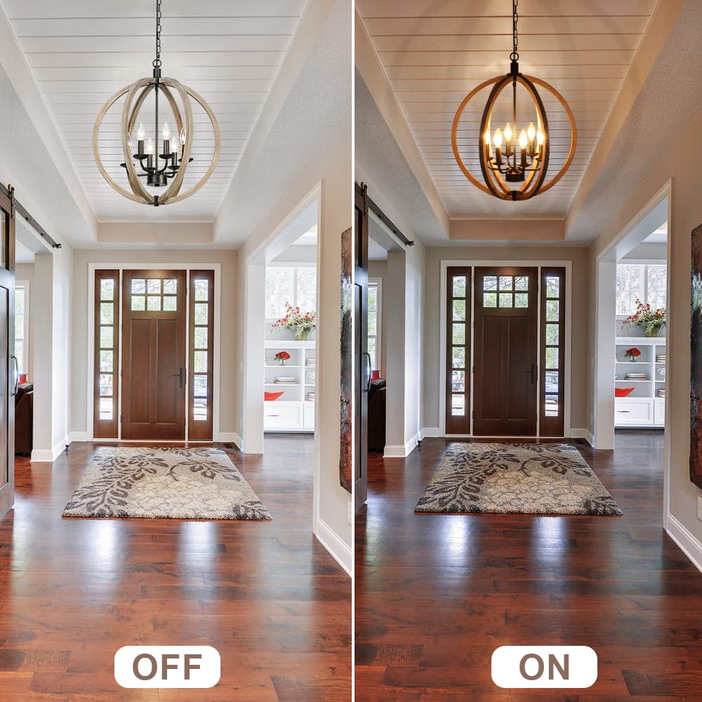 Derksic Orb 6-Light Farmhouse Chandelier 20" Rustic Vintage Wood Chandelier Wooden Globe Chandelier for Kitchen Island Living Room Dining Room Bedroom Foyer Stairwell, Brown Derksic