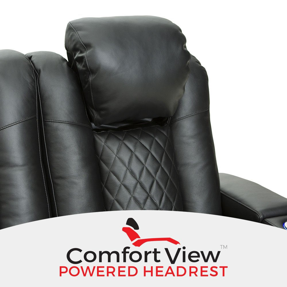 Seatcraft Anthem Home Theater Seating - Italian Leather - Power Recline Sofa - Fold-Down Table - Powered Headrests - Arm Storage - USB Charging - Cup Holders, Black Seatcraft