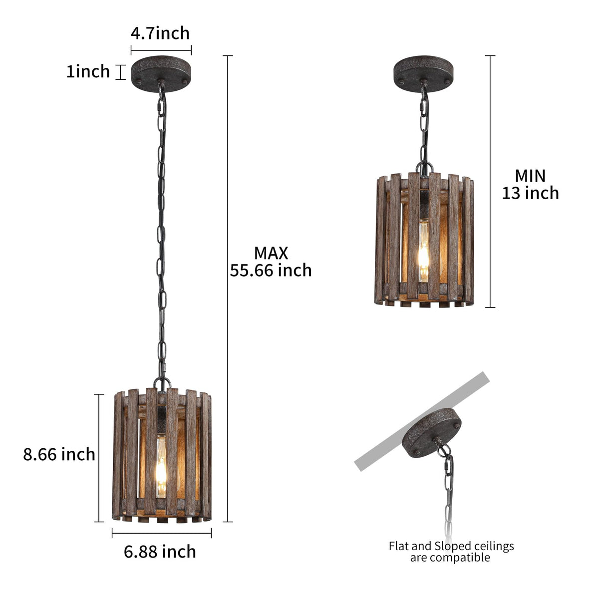 Farmhouse Rustic Pendant Light, 1-Light Round Cage Pendant Lighting Fixture with Adjustable Chain for Kitchen Island Hallway Dining Room Bar, Solid Wood wochos