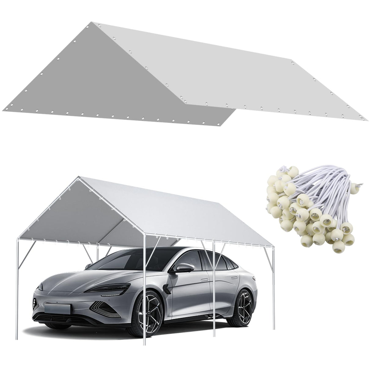 12 x 20 Ft Carport Replacement Canopy Cover Garage Top Tent Shelter Tarp,200G Heavy Duty Car Port Canopy Tent,Grey Waterproof & UV Protected Tarp with 52 Ball Bungees (Frame Not Include) ZAZTLL