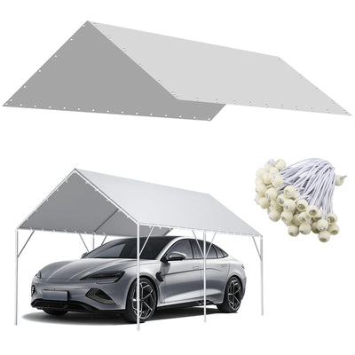 12 x 20 Ft Carport Replacement Canopy Cover Garage Top Tent Shelter Tarp,200G Heavy Duty Car Port Canopy Tent,Grey Waterproof & UV Protected Tarp with 52 Ball Bungees (Frame Not Include)