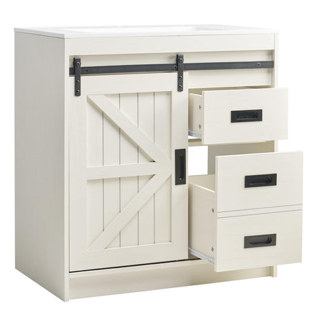AMERLIFE Farmhouse Bathroom Vanity with Sink Combo, 31in Sliding Barn Door Bathroom Vanity Cabinet Set with Storage Drawers, Metal Handles, Small Single Bath Storage Vanity Sink, Antique White AMERLIFE