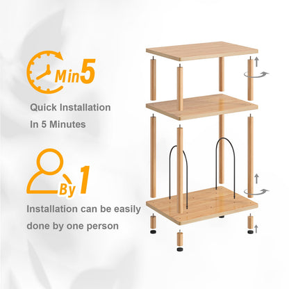 Apicizon Record Player Stand, 3-Tier End Table with Vinyl Record Storage Shelf, Wooden Record Player Table with Adjustable Holder, Small Turntable Stand for Living Room, Bedroom, Natural