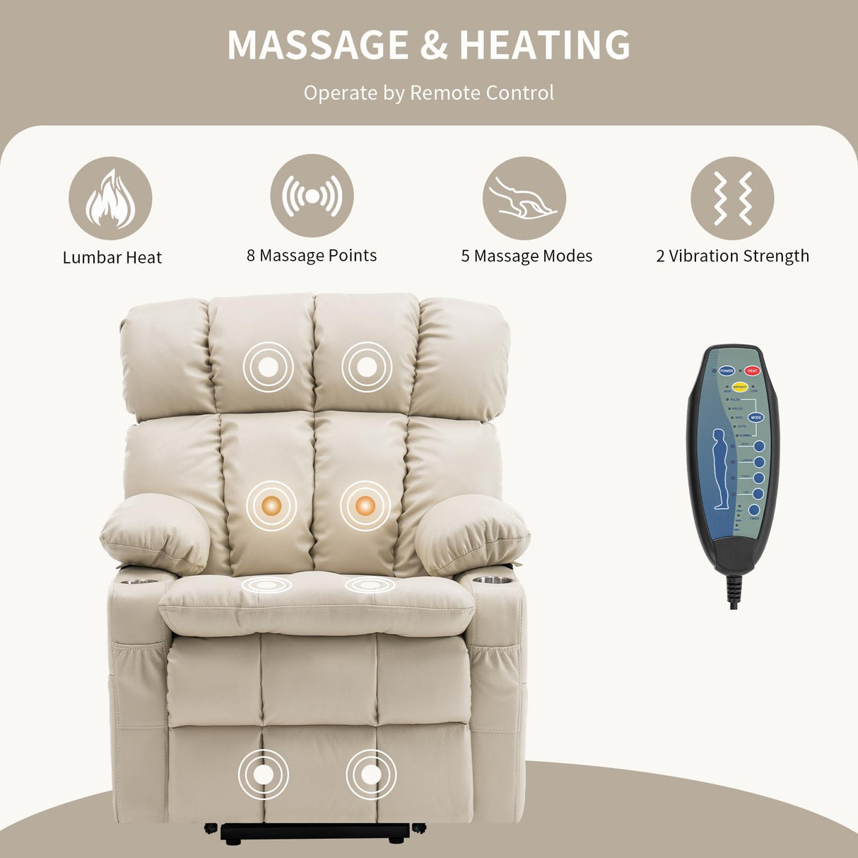Zuacs Dual Motor Power Lift Recliner Chair for Elderly,Infinite Position, Lay Flat Recliner with Massage and Heat, Adjustable Headrest, USB&Type-C,Cup Holders,Faux Leather Beige,Medium Zuacs