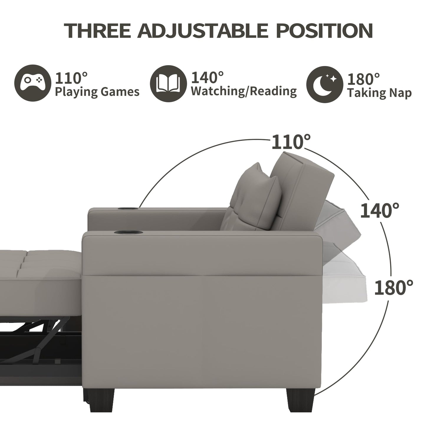 DURASPACE 39 inch Futon Chair Bed Convertible Chair 3-in-1 Pull Out Sleeper Reading Chair Beds with USB, Armchair Sleeper Bed for Living Room, Dorm, Small Space (Gray Faux Leather)