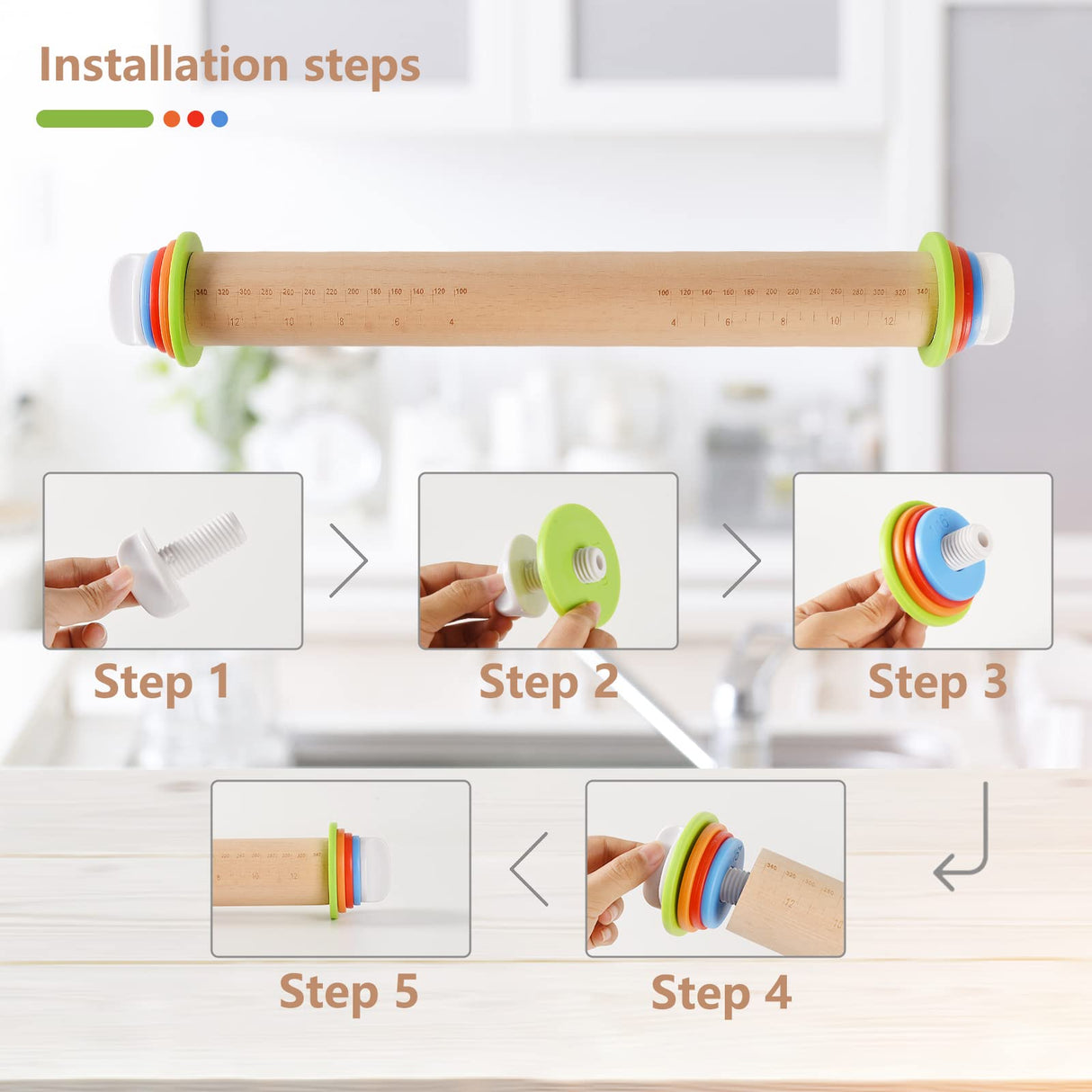 Yasashii Wood Rolling Pin With 4 Adjustable Thickness Rings, Non-stick Dough Roller For Baking, 17 Inch Pizza Roller For Kitchen supplies, Handle Press Design For Fondant, Pizza, Pie Crust, Cookie Yasashii