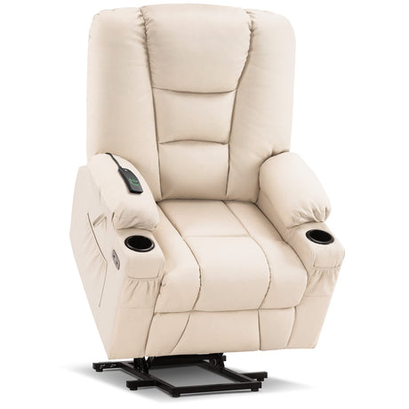MCombo Large Power Lift Recliner Chair Sofa with Massage and Heat for Big and Tall Elderly People, 3 Positions, Cup Holders, and USB Ports, Faux Leather 7539 (Large, Cream White) MCombo