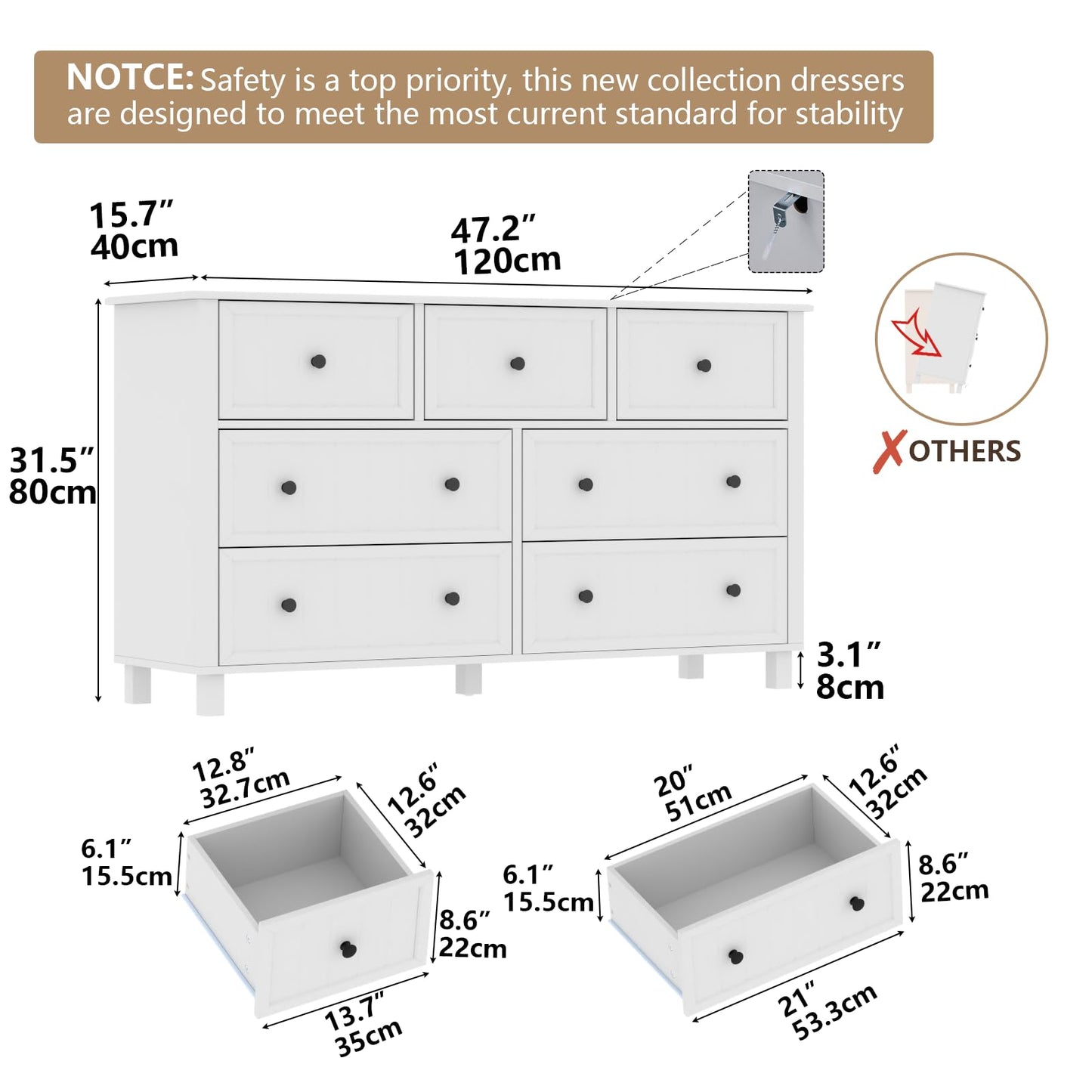 Farmhouse Dresser with 7 Drawers, White Dresser for Bedroom, Chest of Drawers, Modern Dresser for Closet, TV Stand with Large Drawers, Storage Dresser Organizer Clothes for Living Room, Hallway