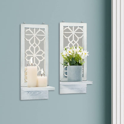 Yorkmills Candle Sconces Wall Decor Set of 2, Wall Candle Holder Rustic Home Decor, Farmhouse Wall Art Floating Mirror Sconces White Wall Decorations for Living Room, Dining Room, Bedroom, Bathroom