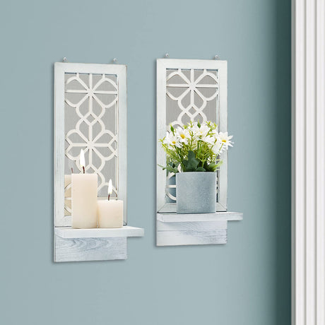 Yorkmills Candle Sconces Wall Decor Set of 2, Wall Candle Holder Rustic Home Decor, Farmhouse Wall Art Floating Mirror Sconces White Wall Decorations for Living Room, Dining Room, Bedroom, Bathroom Yorkmills