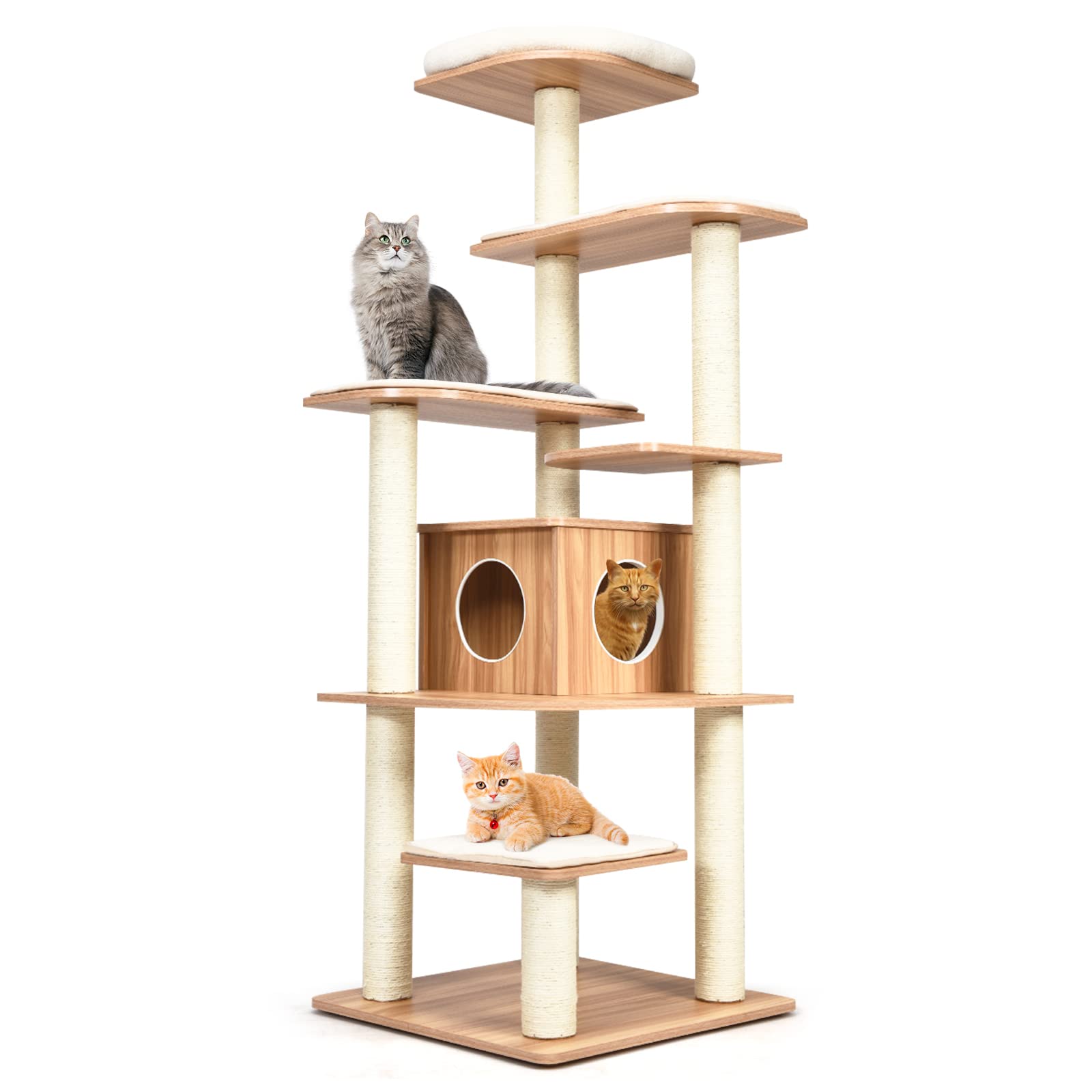 PETSITE Tall Cat Tree for Indoor Cats, 69 Inches Multi-Level Modern Cat Tower with Plush Perch, Cozy Condo, Platforms, Sisal Scratching Posts, EVA Massage Comb & Removable Cushions (Natural) - WoodArtSupply