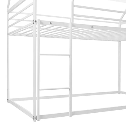 NKISHECK Metal Twin Over Twin Bunk Bed with Slide, Low House Bunk Bed for Girls Boys, White