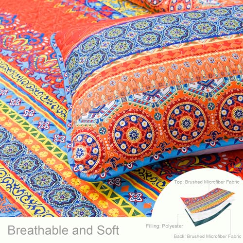 Exclusivo Mezcla Reversible Boho Quilts Twin Size, Blue Bedspreads Lightweight Coverlet All Season Bohemian Quilt Bedding Set with Printed Floral Pattern (1 Quilt, 1 Pillow Sham) Exclusivo Mezcla