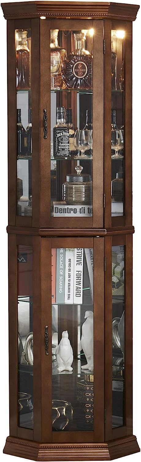 Yone jx je Corner Curio Cabinet with Lights,Bar Storage Cabinet, Adjustable Tempered Glass Shelves, Mirrored Back, Display Cabinet,Walnut (E26 Light Bulb not Included) Yone jx je