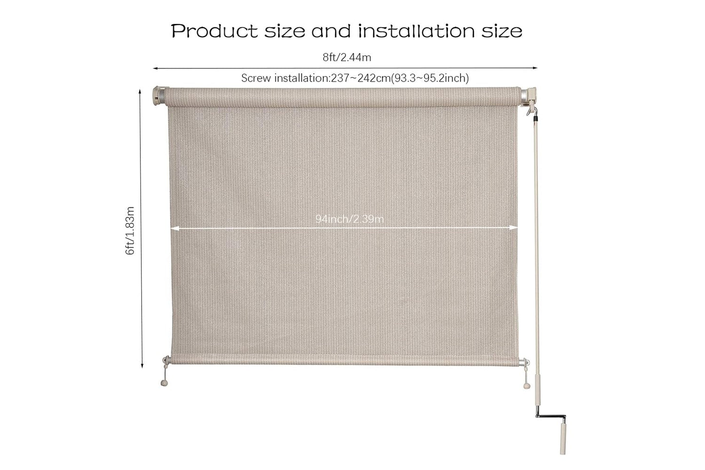 Cross Land Cordless Crank Operated Child Safe Roller Outdoor/Exterior Solar Sun Shade/Patio Blinds for Patio Lawn Pergola Garden Porch,Cabana,Gazebo,Dock Home,96" Wx72 L,Beige