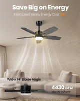 Hisummer 42 Inch Ceiling Fan with Light and Remote, Small Modern Black Ceiling Fans, 5-Blade Indoor/Outdoor Farmhouse Ceiling Fan with Lights for Bedroom, Living Room, Patio Hisummer