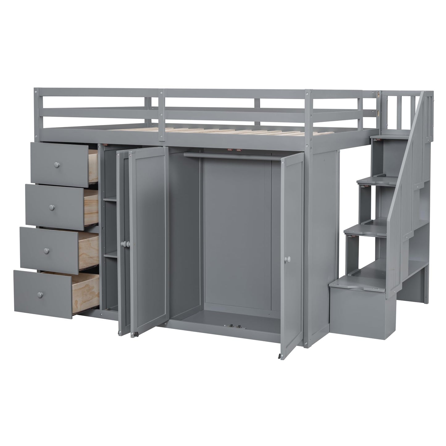 Harper & Bright Designs Grey Full Size Loft Bed with Storage Stairs and Wardrobes - WoodArtSupply