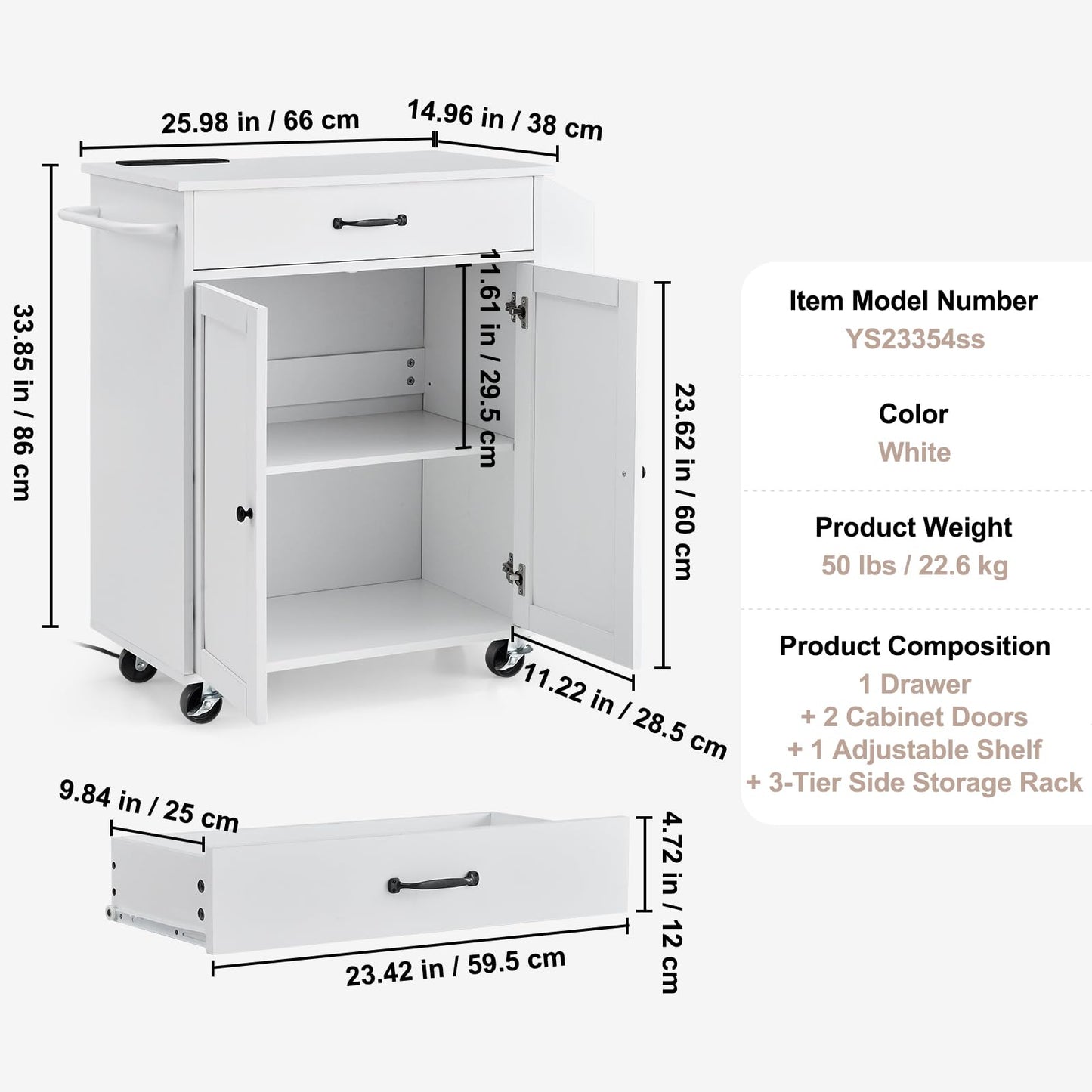 VEVOR Kitchen Island Cart, 32" Mobile Carts with Storage Cabinet, Rolling Table with Power Outlet, Spice Rack, Towel Bar, Adjustable Shelf, Drawer, Dining Living Room Portable Islands on Wheels, White