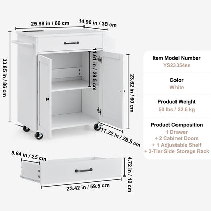 VEVOR Kitchen Island Cart, 32" Mobile Carts with Storage Cabinet, Rolling Table with Power Outlet, Spice Rack, Towel Bar, Adjustable Shelf, Drawer, Dining Living Room Portable Islands on Wheels, White