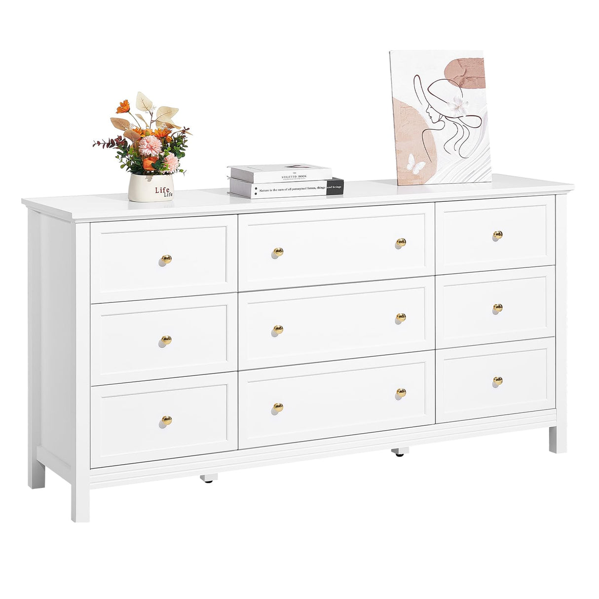 VEVOR 9 Drawer Dresser, Wooden Chest of Drawers with Sliding and Anti-tip Device, Retro Minimalist Dresser Chest, Closet Storage TV Stand Organizer for Living Room, Hallway, Bedroom, Entryway, White VEVOR