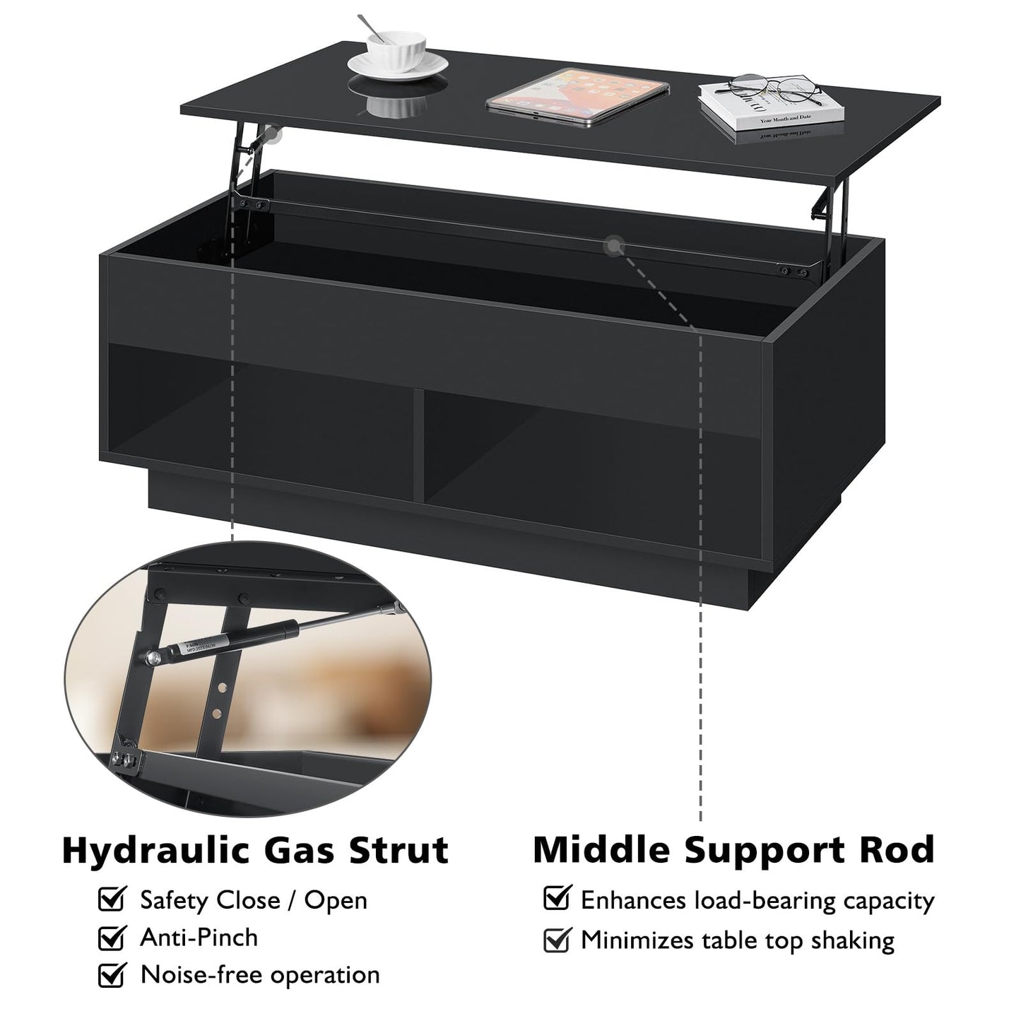 LED Coffee Table for Living Room Lift Top Coffee Tables with Storage Morden High Gloss 4 Tiers Black Tea Table Center Tables Sofa Hidden Compartment & 2 Open Shelve - WoodArtSupply