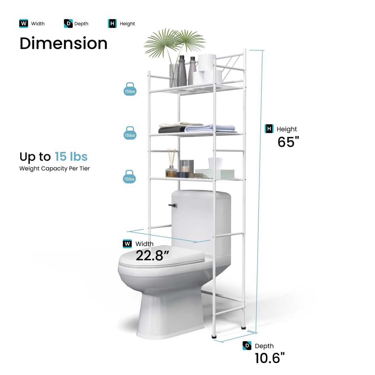 Home Zone Living Over The Toilet Bathroom Storage Organizer with 3 Tiers of Shelving Rack Space Home Zone Living