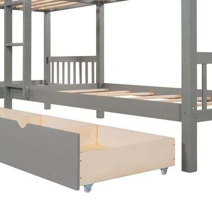 MERITLINE Quad Bunk Beds with Storage,4 Twin Bunk Bed for Kids, Solid Wood L Shaped Bunk Bed 4 Bed Bunk Beds for Kids,Teens, Adults,Grey