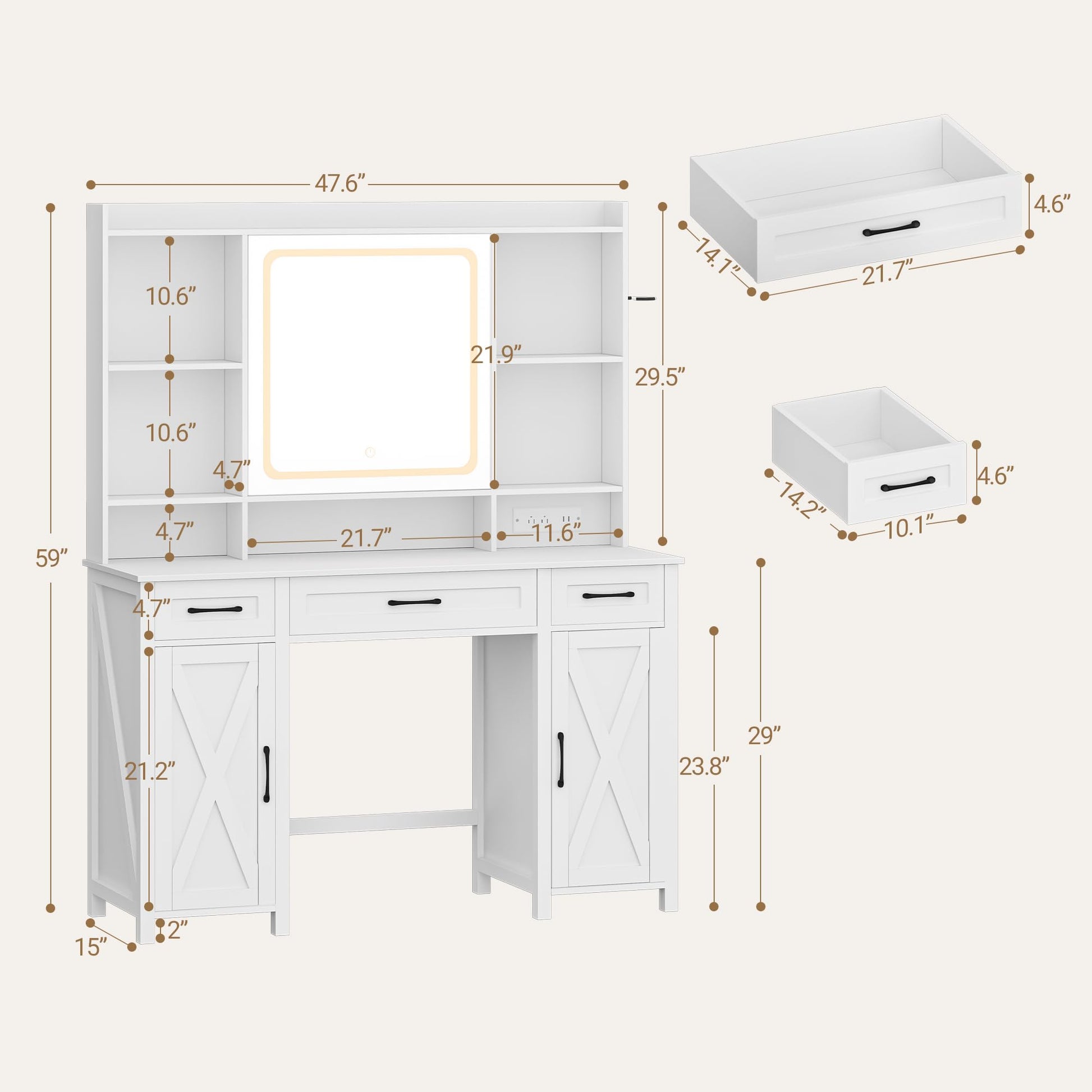 HILINSIE Vanity Desk with Adjustable Mirror Light, Power Outlet, Farmhouse Vanity Table Desk with Hair Dryer Holder, Drawers, Storage Cabinets with Adjustable Shelves, Bedroom Dressing Table, - WoodArtSupply