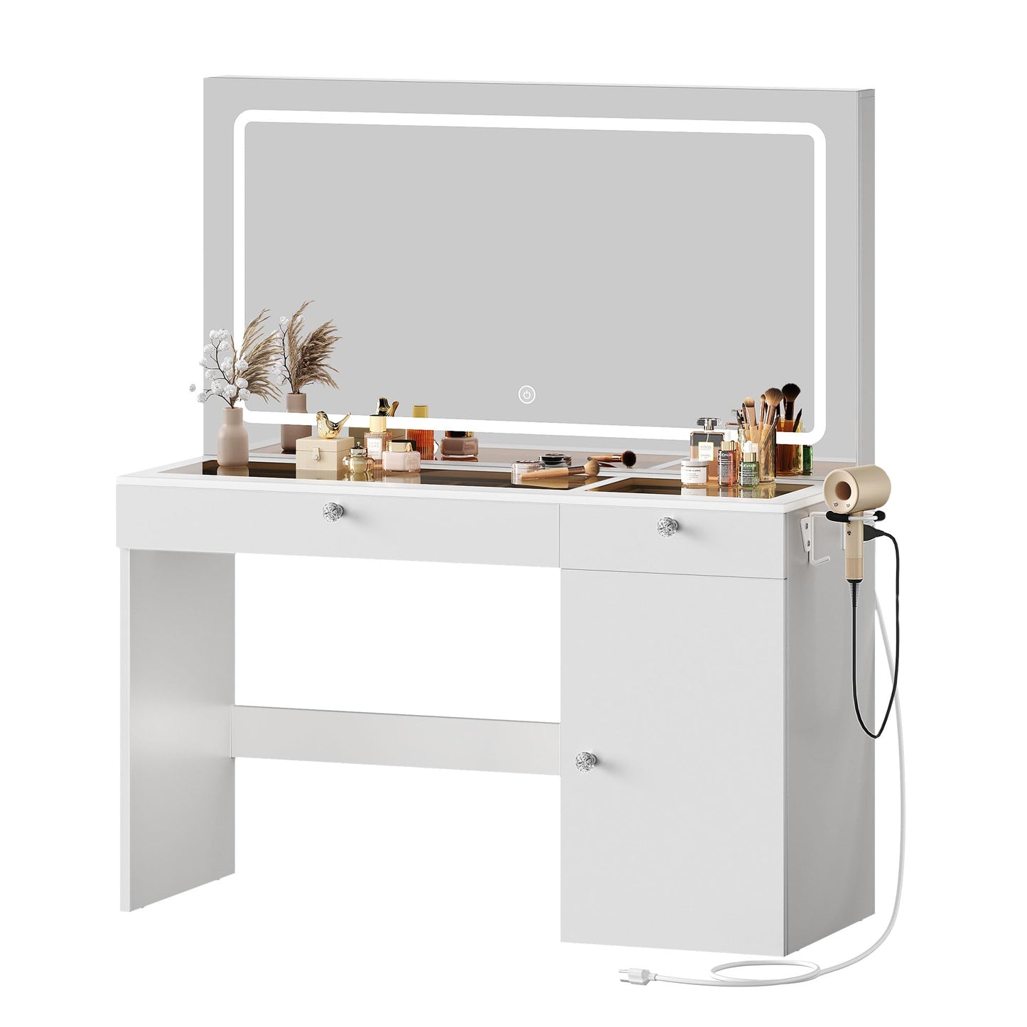 DWVO 47" W Vanity Desk with LED Light and Power Outlets, Large Makeup Vanity with Dividers and Hair Dryer Rack, 3 Level Storage Dresser Makeup Vanities Dressing Table for Bedroom, White