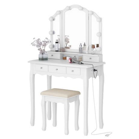 Tiptiper White Makeup Vanity with Lights & Charging Station, Vanity Desk with Mirror and 3 Colors of Lighting Effects, Vanity Table with Tri-Fold Mirror & Necklace Hooks, Makeup Table with Stool Tiptiper