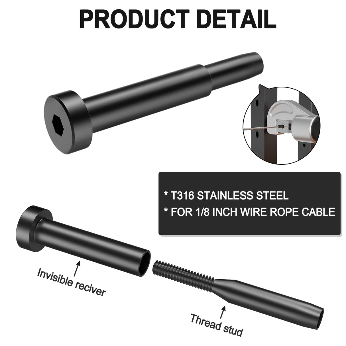 BLIKA 40 Pack 3/16" Black Invisible Cable Railing Kits, Black Stainless Steel Invisible Receiver and Swage Stud End, 3/16" Cable Railing Hardware for 2"x2", 4"x4" Wood/Metal Posts BLIKA