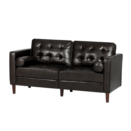 ACMEASE 67" Premium Faux Leather 2-Seater Sofa with 2 Bolster Pillows and Tufted Backrest, Mid-Century Modern Loveseat Sofa, Luxury Couch for Living Room, Bedroom, Office, Dark Brown ACMEASE