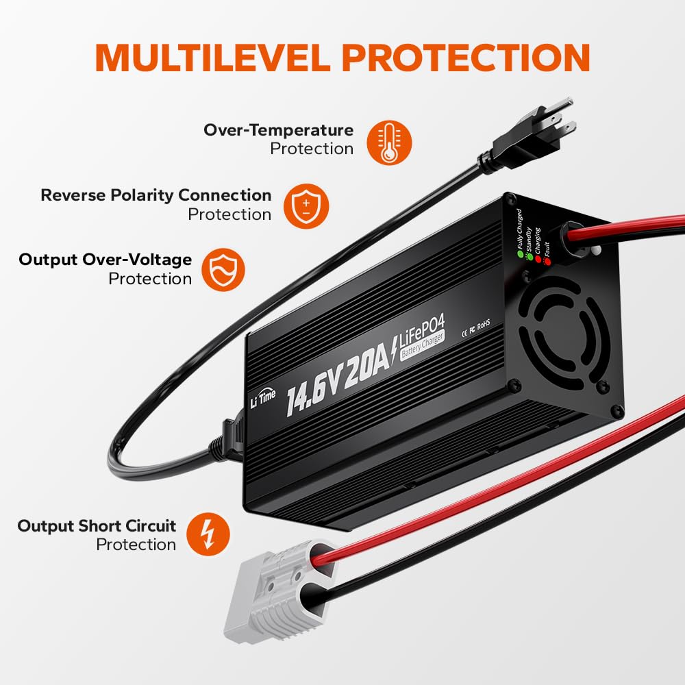 LiTime 12V 20A Lithium Battery Charger 14.6V LiFePO4 Battery Charger AC-DC Smart Charger with Anderson Connector LED Indicator Special for Lithium LiFePO4 Deep Cycle Rechargeable Batteries of - WoodArtSupply