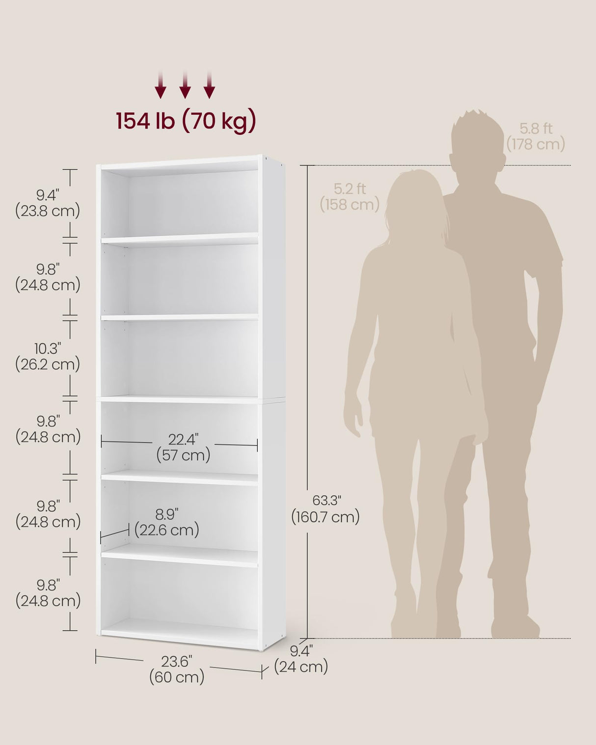 VASAGLE CUSTOS Collection - Bookshelf, 6-Tier Bookcase, Book Shelf, Open Storage Shelf, 9.4 x 23.6 x 63.3 Inches, for Living Room, Home Office, Dinning Room, Cloud White ULBC166T14 VASAGLE