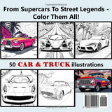 Cars Coloring Book: 50 Unique Illustrations of Cool Cars, Trucks, and Motorcycles for Kids and Adults Who Love Vehicles WoodArtSupply