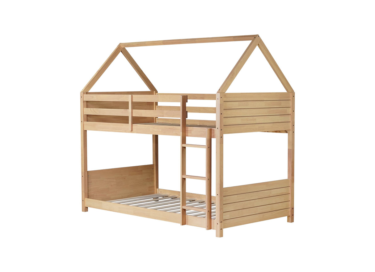 PVWIIK House Floor Bunk Bed/Twin Over Twin with Headboards & Footboards/Ladder and Guardrails for Boys Girls Bedroom,Low Floor Bunk Bed/No Box Spring Needed, Oak PVWIIK