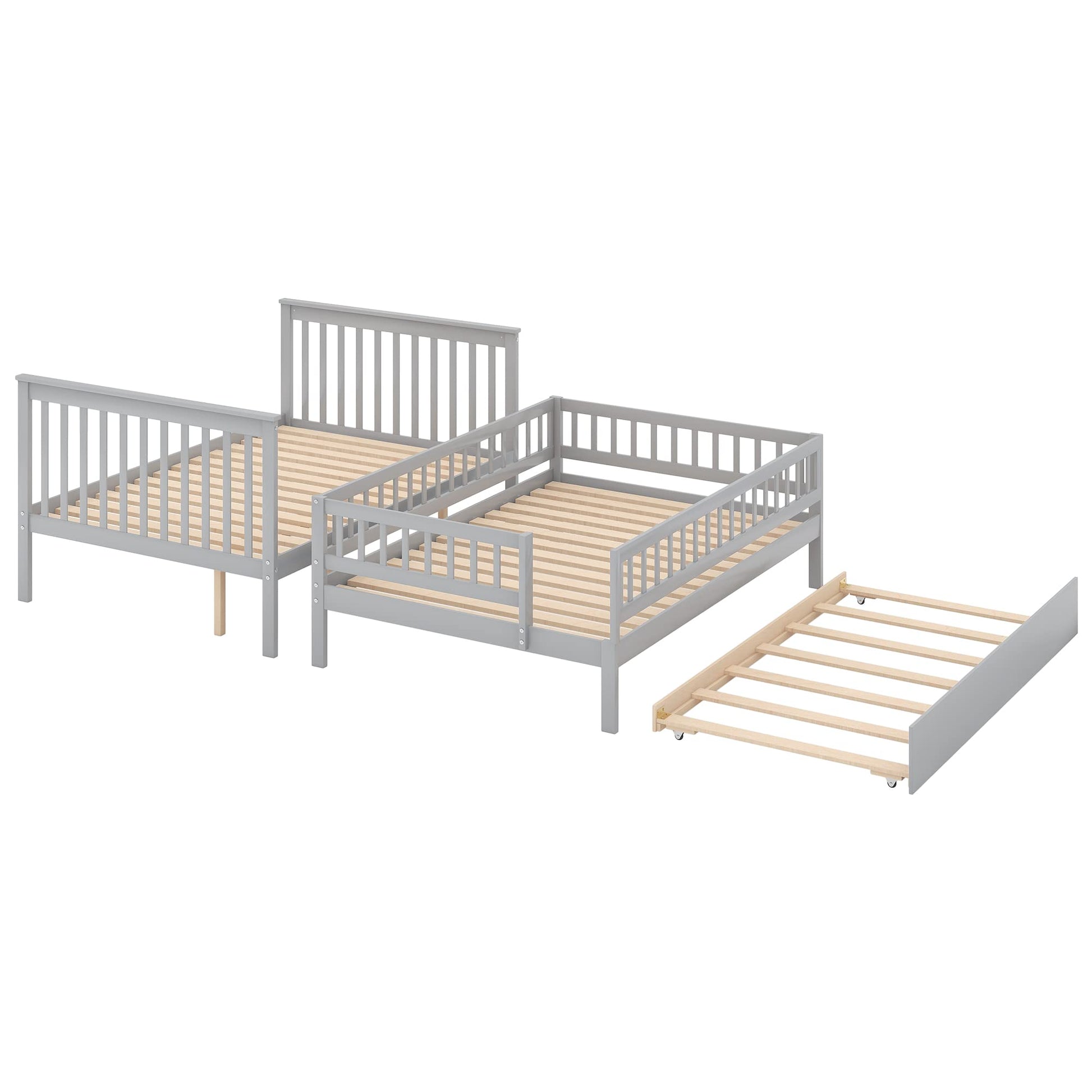 Merax Grey Full-Over-Full Stairway Bunk Bed with Trundle, Convertible into 3 Beds - WoodArtSupply