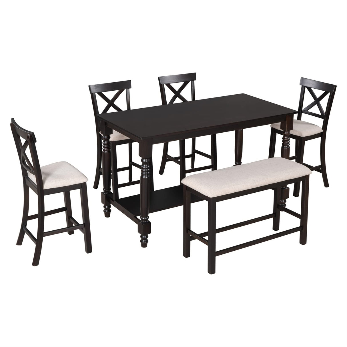 6-Piece Dining Table Set Wood Rectangular Couter Height Dining Table with 4 Chairs and a Bench Modern Dining Set for 6 People Ideal for Kitchen, Dinning Room and Bar Table, Espresso Bellemave
