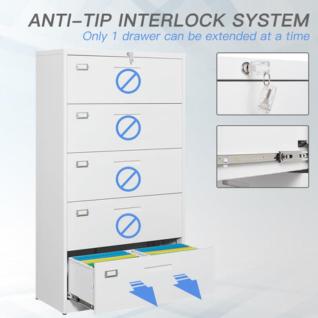 Yizosh 5-Drawer Metal Locking File Cabinet in White - Organiser for Home or Office Yizosh