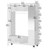 IRONCK Closet Racks on Wheels with Mirror and 10 Shelves, Portable Freestanding Wooden Closet Garment Rack with Hang Rod, White IRONCK