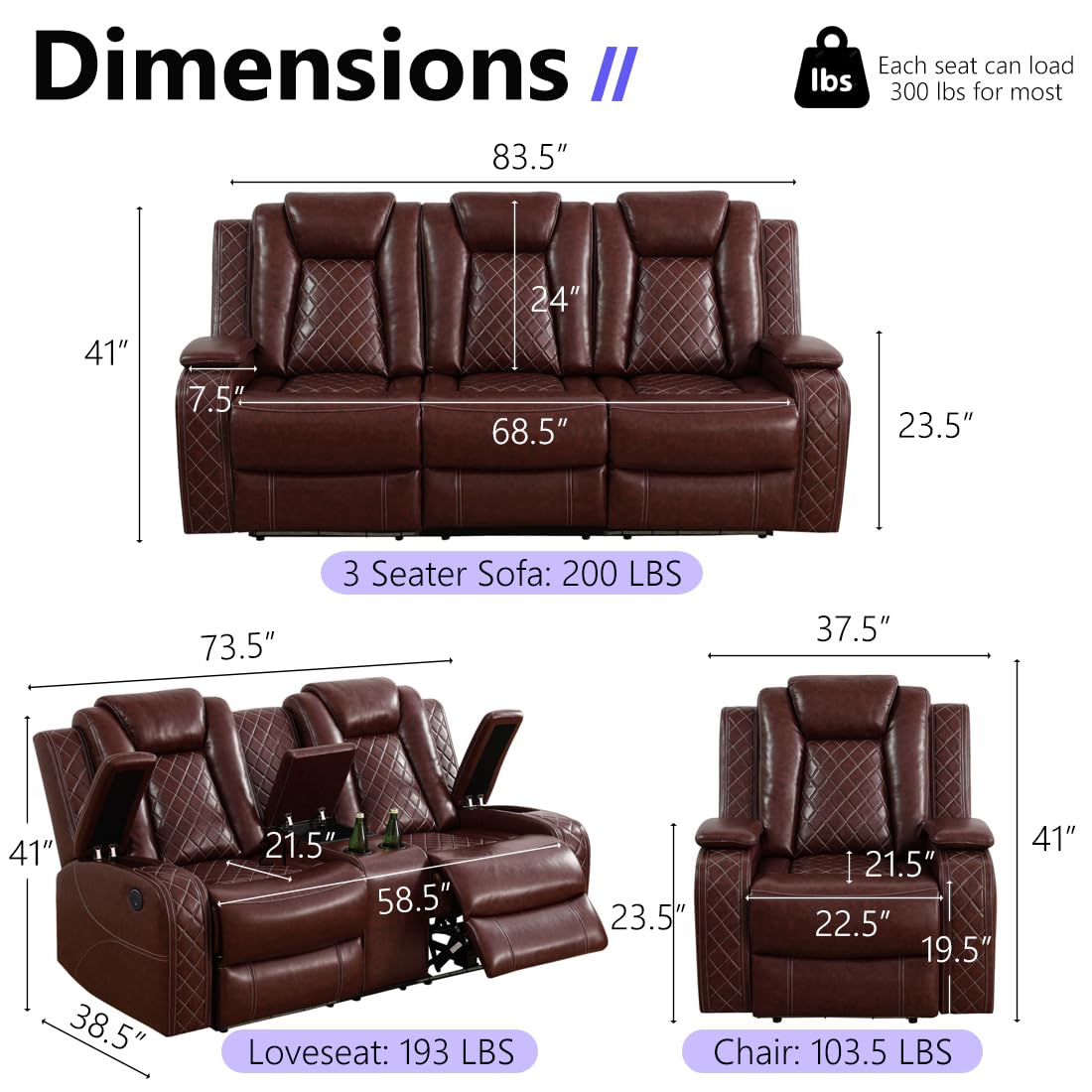 Anthato Leather Power Recliner Sofa Set, 2 Piece Reclining Sofa and Loveseat Set, Reclining Loveseat Couch Recliner Sets with Coffee Table, Living Room Furniture for House/Home Theater, Burgundy Red Anthato