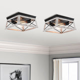 2-Bulb Black and Wood Flush Mount Ceiling Light with White Wood Grain Finish Rustic Vintage Ceiling Light for Closet Dinning Room Bedroom Faux Wood Farmhouse Ceiling Mount Light Fixture Faymart lighting