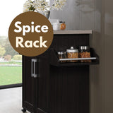 Hodedah Rolling Wood Kitchen Island Cart with Spice Rack, Towel Rack, Utensil Drawer plus Cabinet, White with Beech Top Hodedah